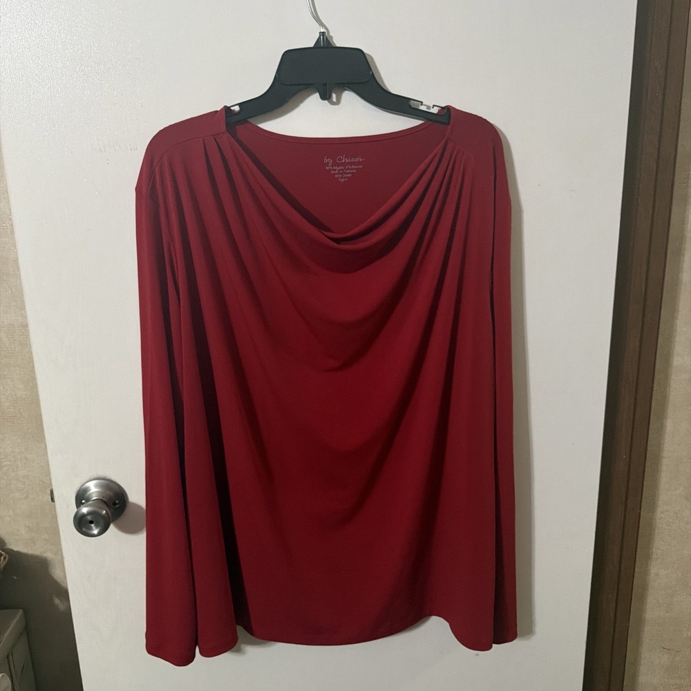 Chico's Bright Red  Draped-Neck Long Sleeve Top Size 4